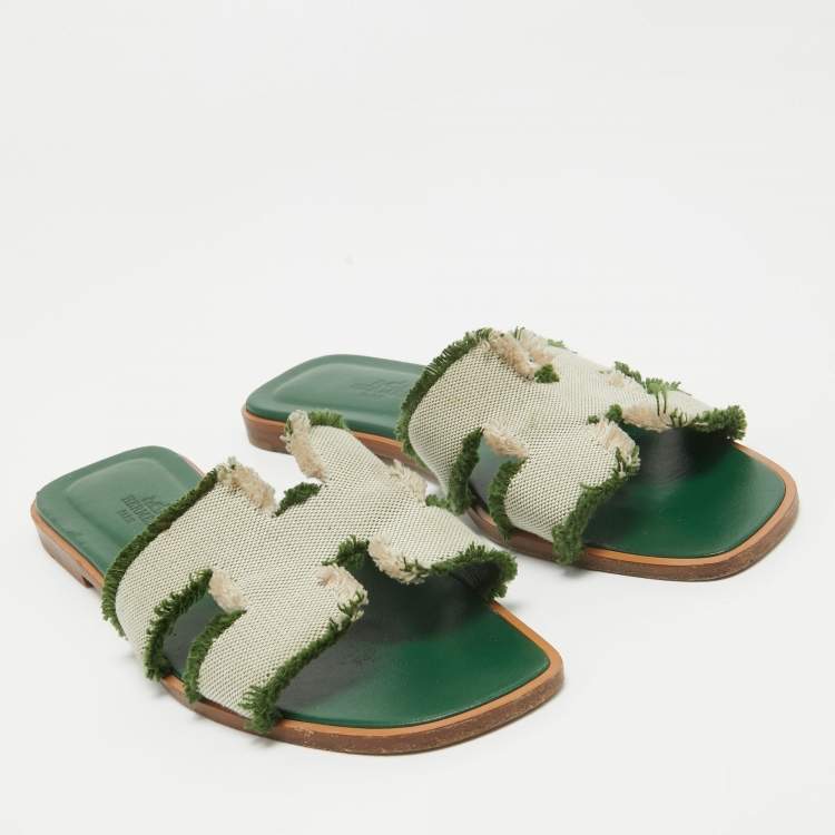 Pre Owned Hermes Green/Beige Leather and Canvas Fringe Oran Flat Slides Size 38