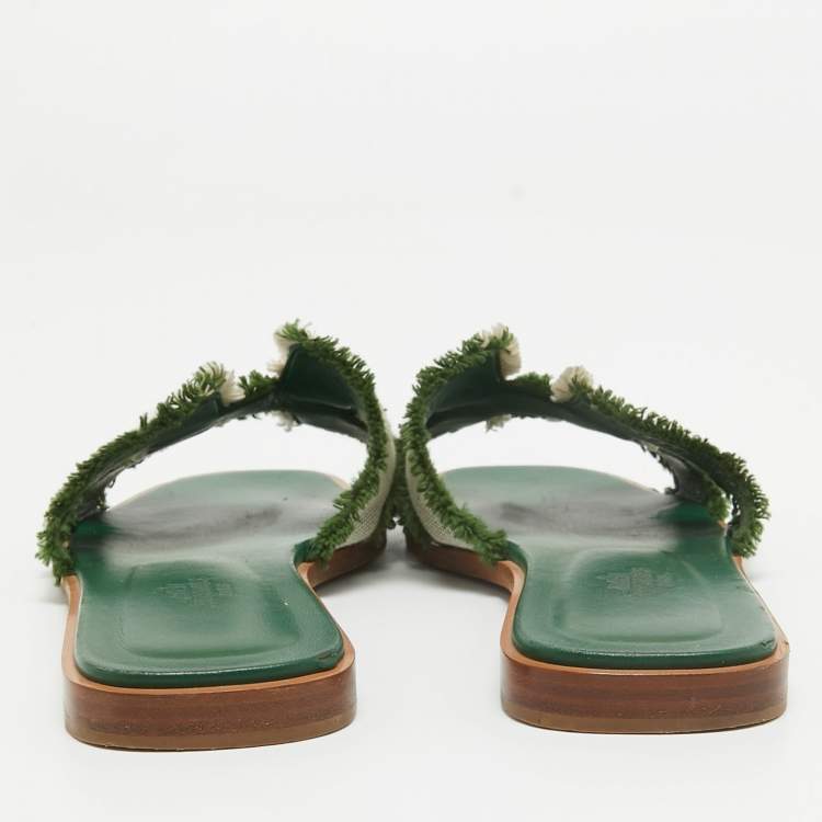 Pre Owned Hermes Green/Beige Leather and Canvas Fringe Oran Flat Slides Size 38