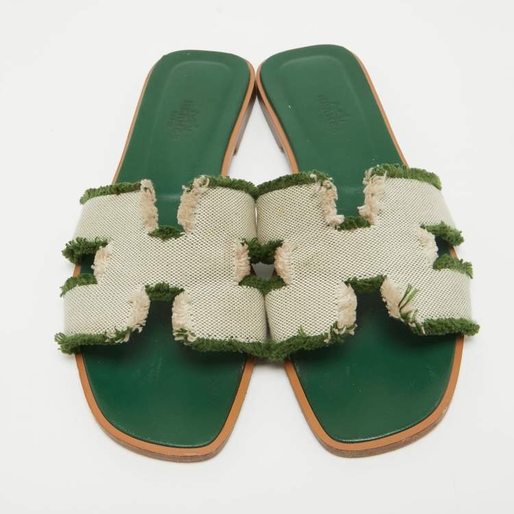 Pre Owned Hermes Green/Beige Leather and Canvas Fringe Oran Flat Slides Size 38