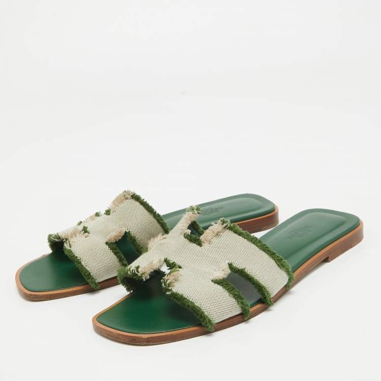 Pre Owned Hermes Green/Beige Leather and Canvas Fringe Oran Flat Slides Size 38