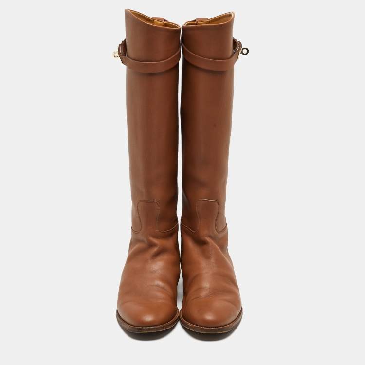 Pre Owned Hermes Brown Leather H Jumping Knee Length Boots Size 39