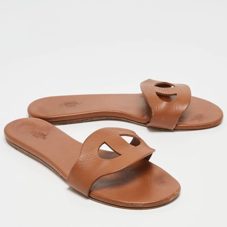 Pre Owned Hermes Brown Leather Lisboa Flat Slides Size 38 