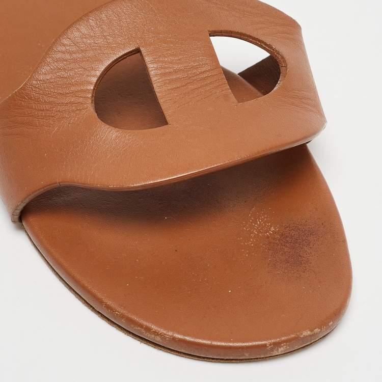Pre Owned Hermes Brown Leather Lisboa Flat Slides Size 38 