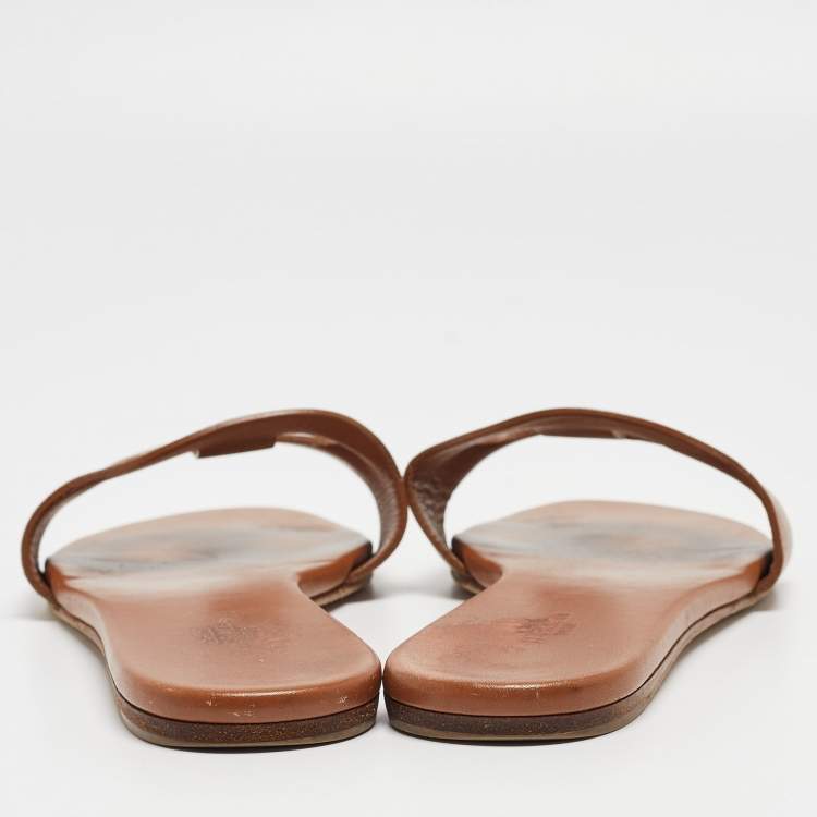 Pre Owned Hermes Brown Leather Lisboa Flat Slides Size 38 