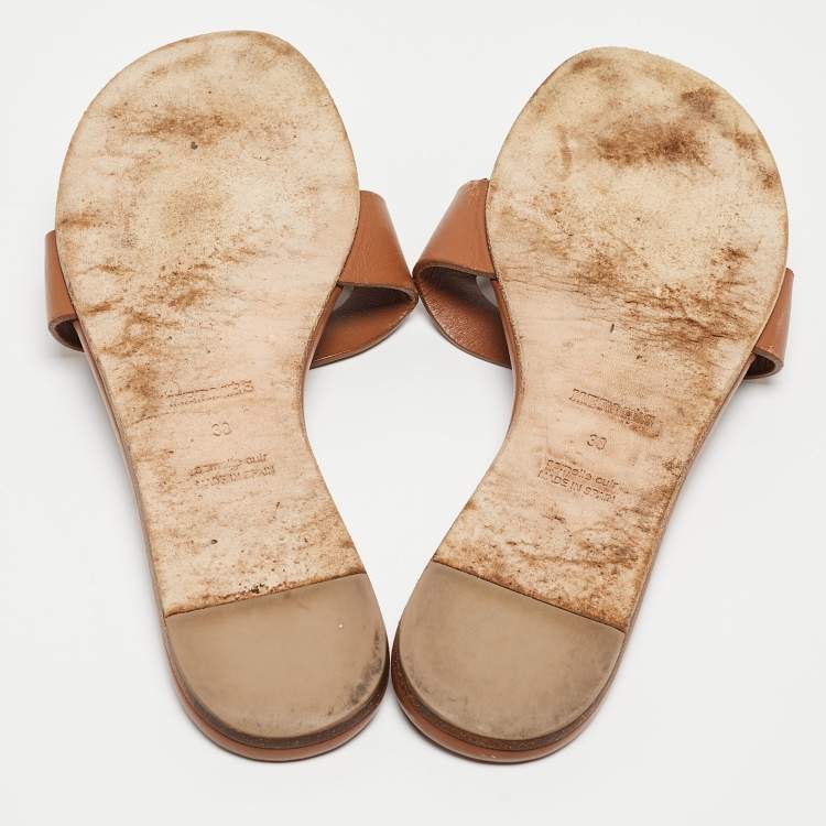 Pre Owned Hermes Brown Leather Lisboa Flat Slides Size 38 