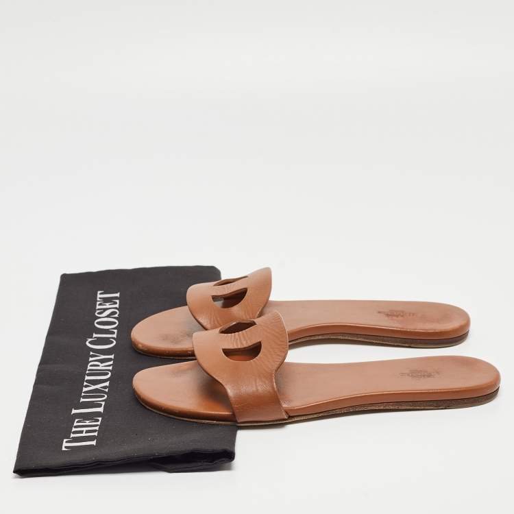 Pre Owned Hermes Brown Leather Lisboa Flat Slides Size 38 