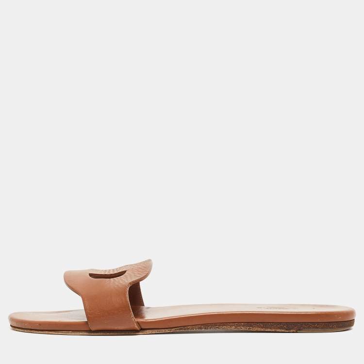 Pre Owned Hermes Brown Leather Lisboa Flat Slides Size 38 