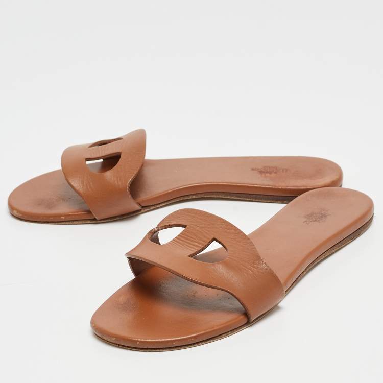 Pre Owned Hermes Brown Leather Lisboa Flat Slides Size 38 