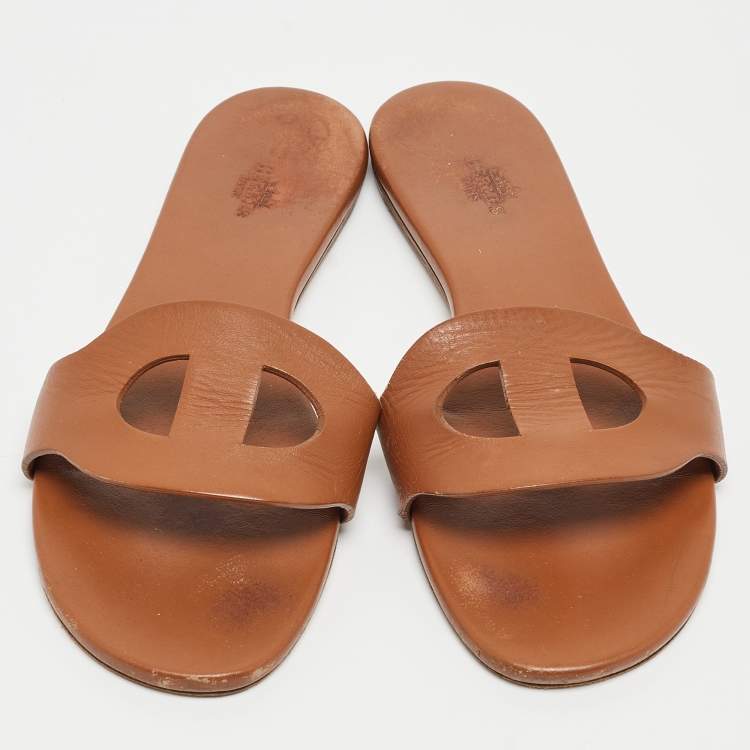 Pre Owned Hermes Brown Leather Lisboa Flat Slides Size 38 