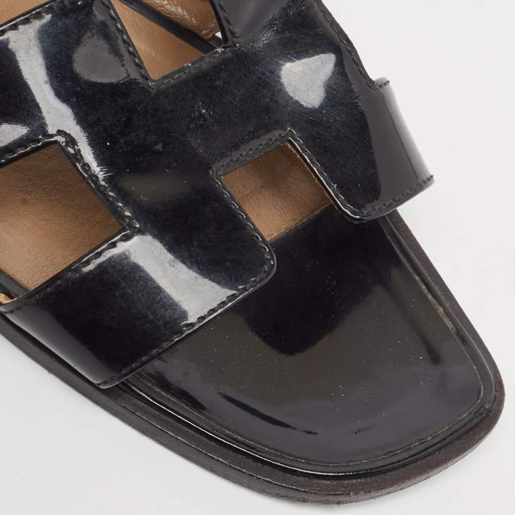 Pre Owned Hermes Black Patent Leather Oran Flat Slides Size 38