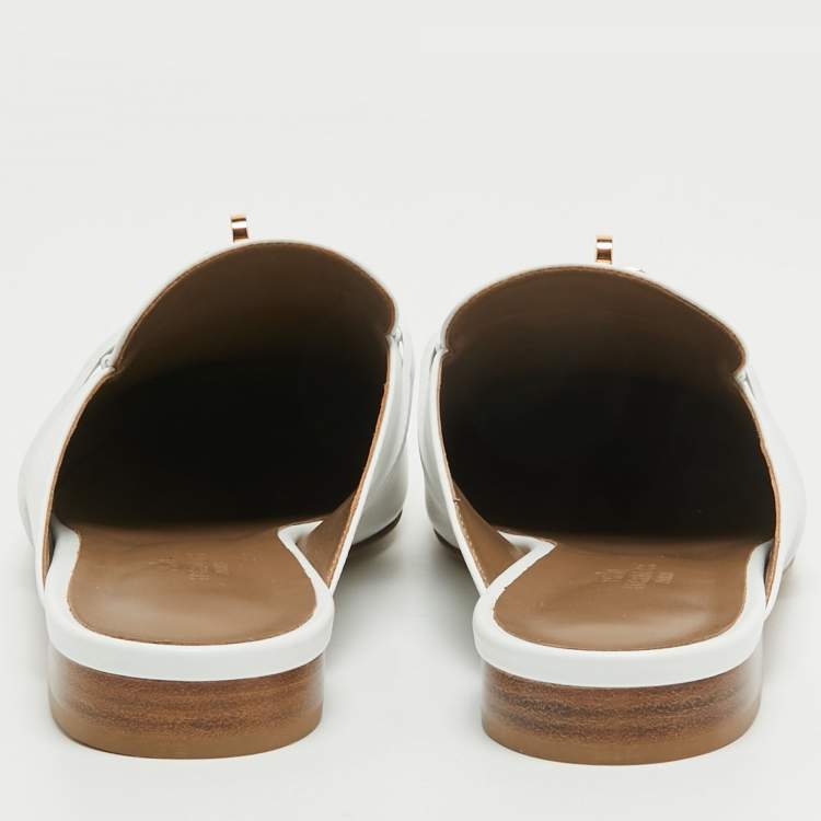 Pre Owned Hermes White Leather Oz Flat Mules Size 39