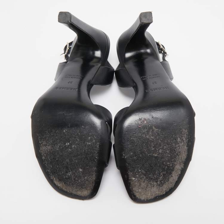 Pre Owned Hermes Black Leather Holy Slingback Sandals Size 37