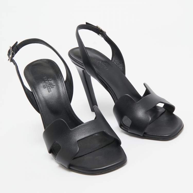 Pre Owned Hermes Black Leather Holy Slingback Sandals Size 37