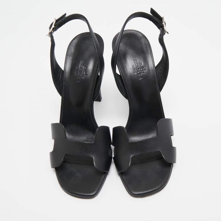 Pre Owned Hermes Black Leather Holy Slingback Sandals Size 37
