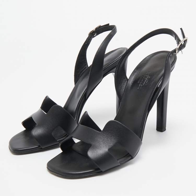 Pre Owned Hermes Black Leather Holy Slingback Sandals Size 37
