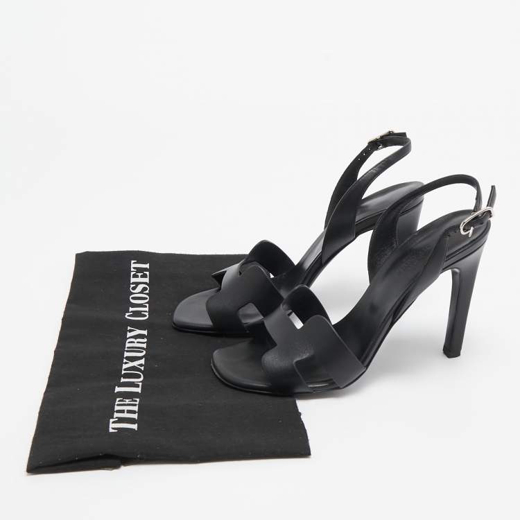 Pre Owned Hermes Black Leather Holy Slingback Sandals Size 37