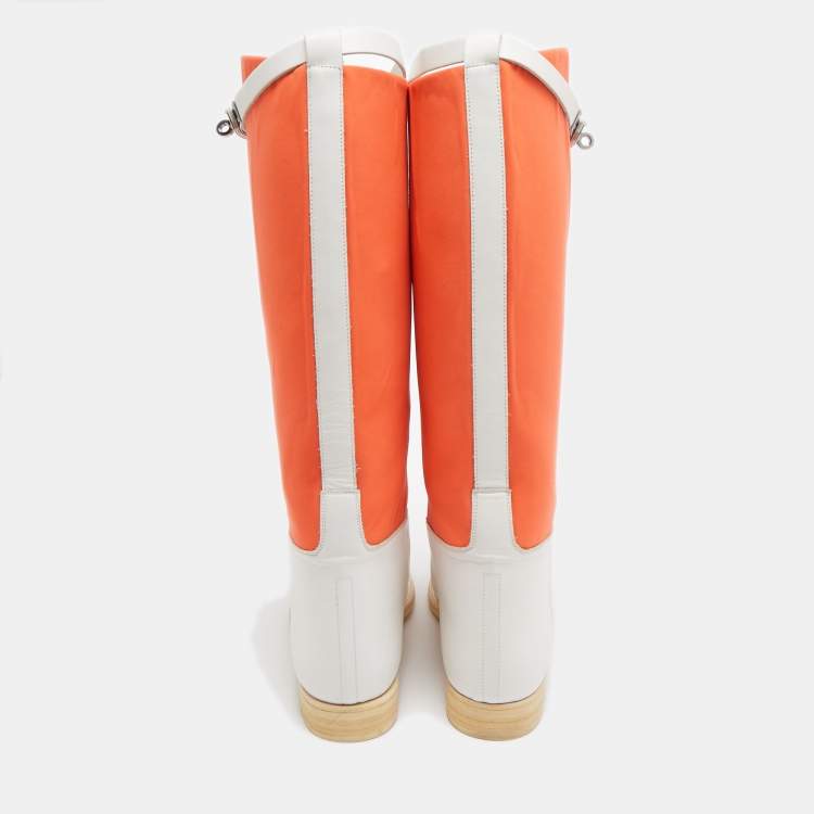 Pre Owned Hermes Neon Orange/White Neoprene and Leather Jumping Boots Size 39