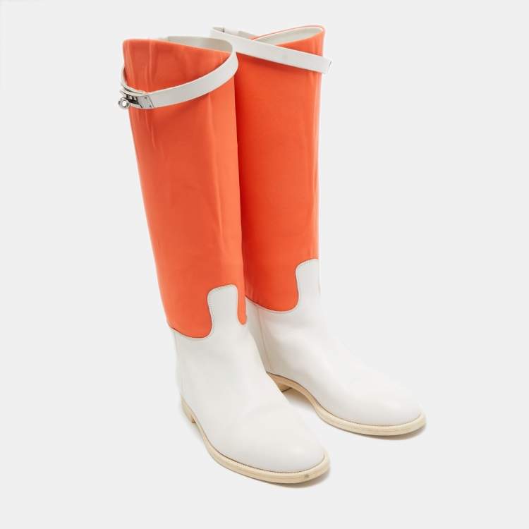 Pre Owned Hermes Neon Orange/White Neoprene and Leather Jumping Boots Size 39