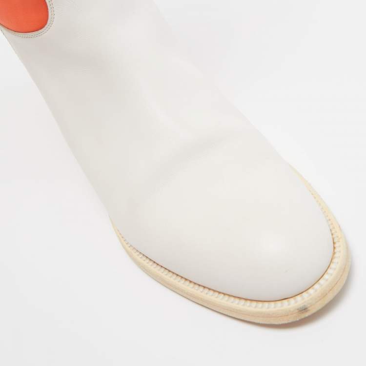 Pre Owned Hermes Neon Orange/White Neoprene and Leather Jumping Boots Size 39
