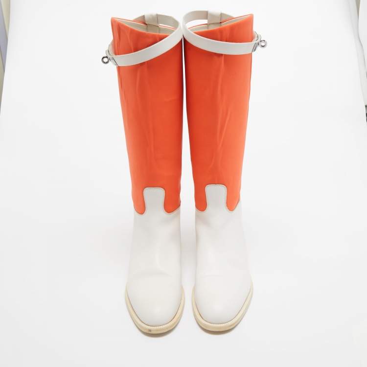 Pre Owned Hermes Neon Orange/White Neoprene and Leather Jumping Boots Size 39