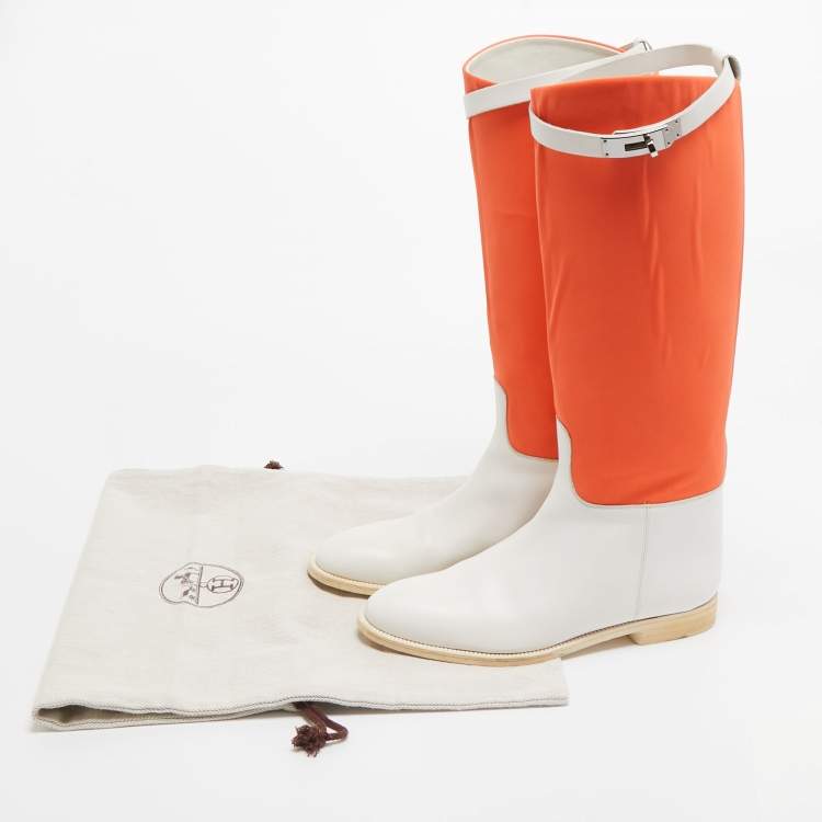 Pre Owned Hermes Neon Orange/White Neoprene and Leather Jumping Boots Size 39