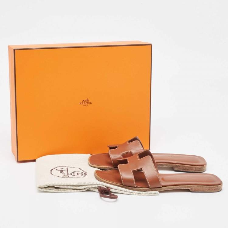 Pre Owned Hermes Brown Leather Oran Flat Slides Size 37