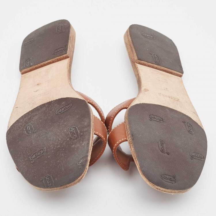 Pre Owned Hermes Brown Leather Oran Flat Slides Size 37