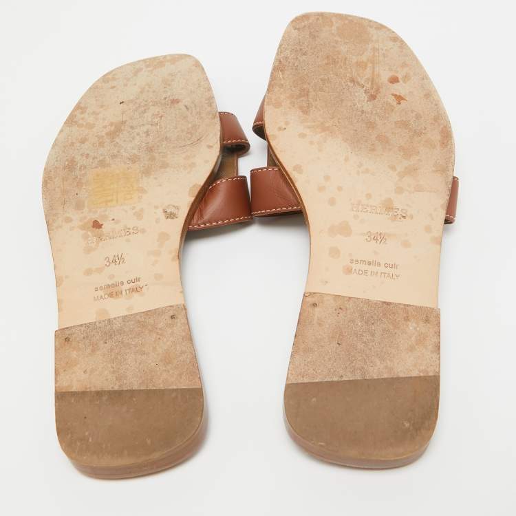 Pre Owned Hermes Brown Leather Oran Flat Slides Size 34.5