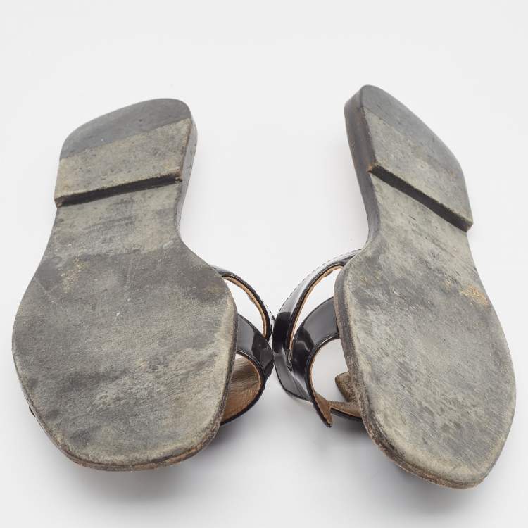 Pre Owned Hermes Black Patent Oran Flat Slides Size 38