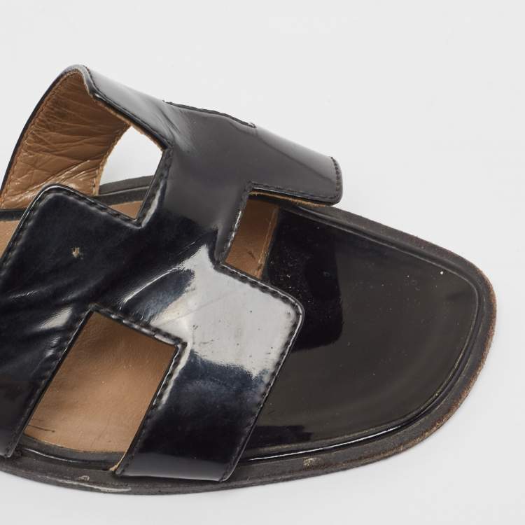 Pre Owned Hermes Black Patent Oran Flat Slides Size 38