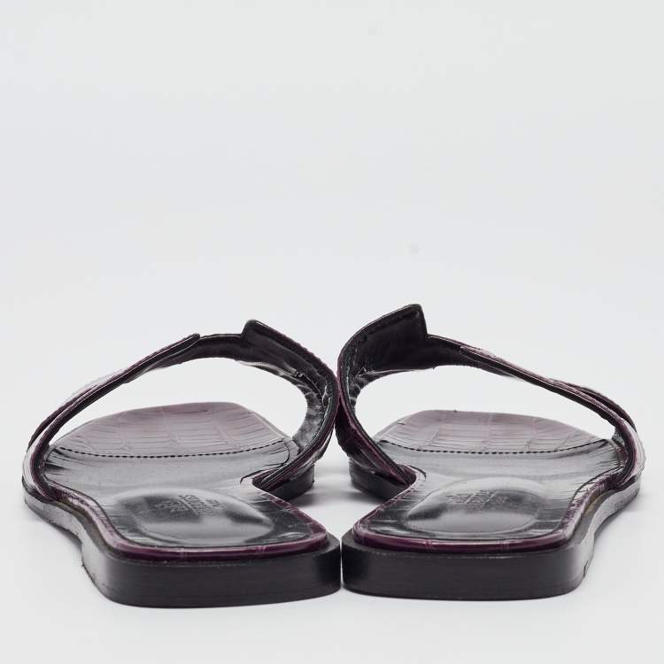 Pre Owned Hermes Purple Alligator Patent Leather Oran Flat Slides Size 39