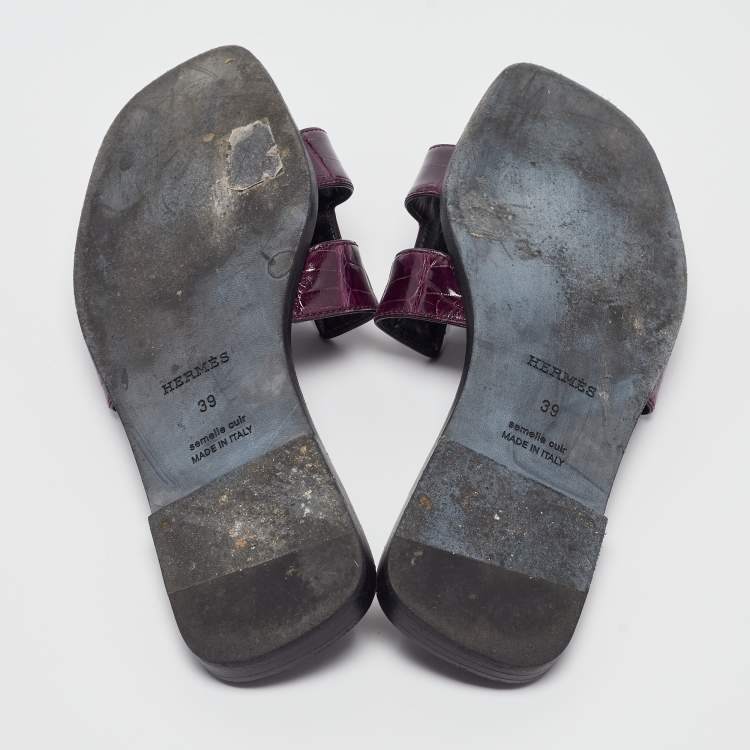 Pre Owned Hermes Purple Alligator Patent Leather Oran Flat Slides Size 39