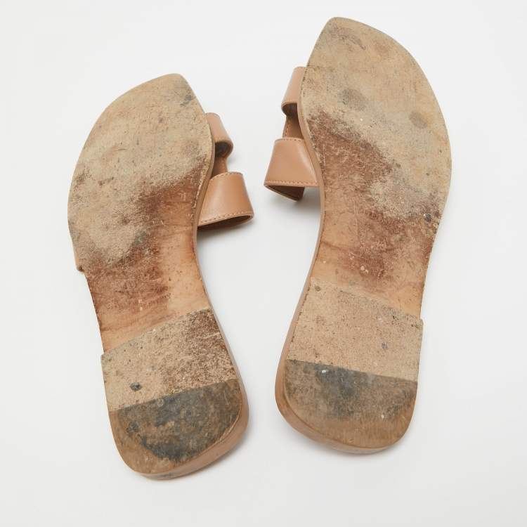 Pre Owned Hermes Light Brown Leather Oran Flat Slides Size 39