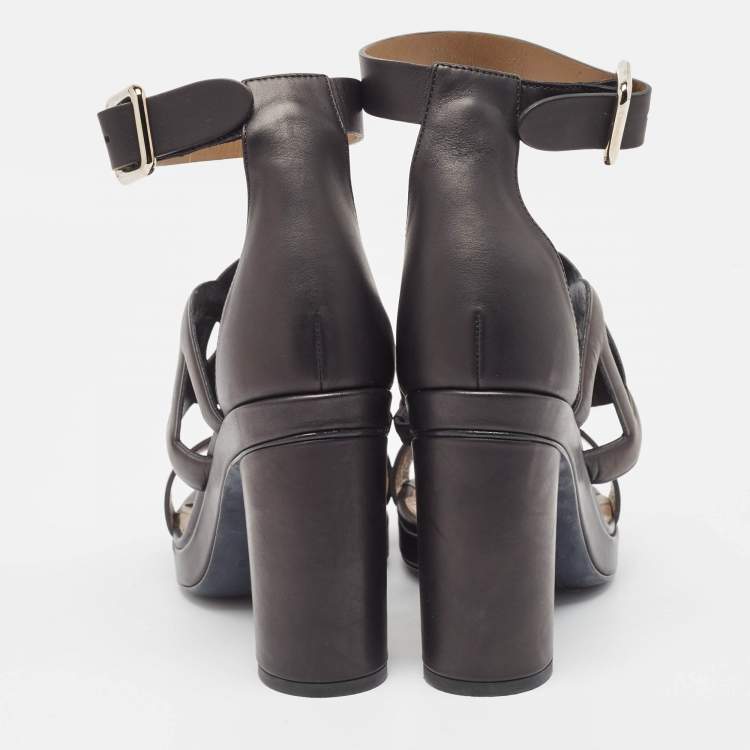 Pre Owned Hermes Black Leather Block Heel Ankle Strap Sandals Size 39