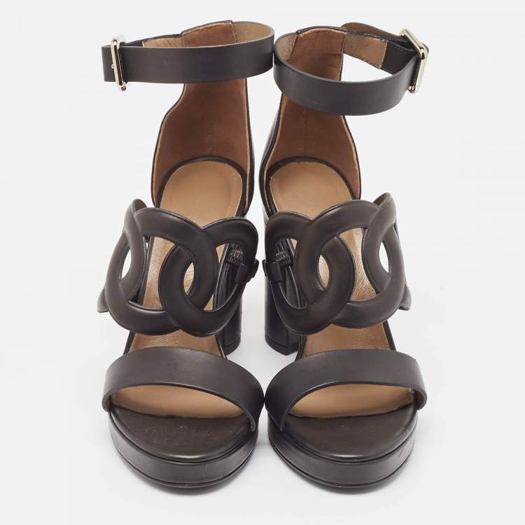 Pre Owned Hermes Black Leather Block Heel Ankle Strap Sandals Size 39