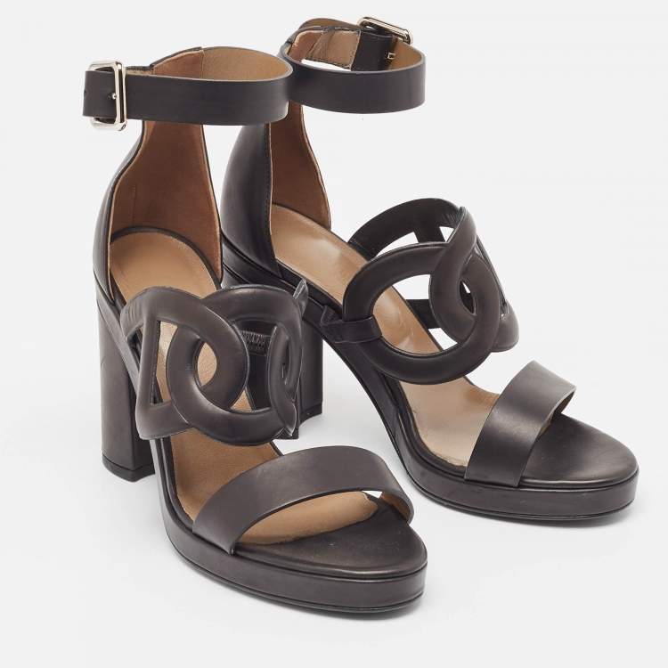 Pre Owned Hermes Black Leather Block Heel Ankle Strap Sandals Size 39
