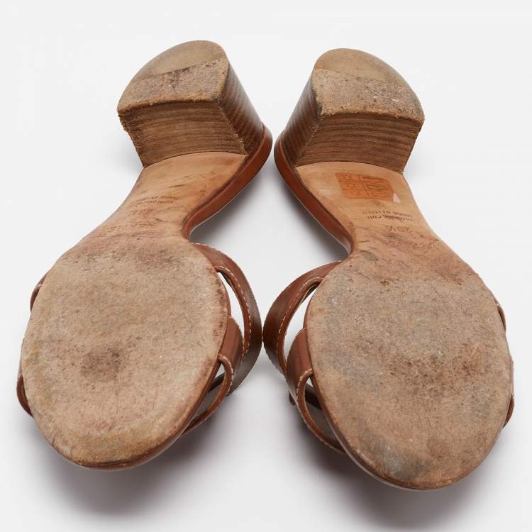 Pre Owned Hermes Brown Leather Oasis Slide Sandals Size 38.5