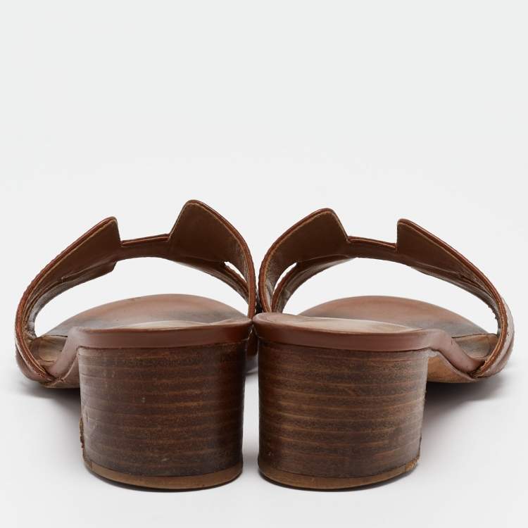 Pre Owned Hermes Brown Leather Oasis Slide Sandals Size 38.5