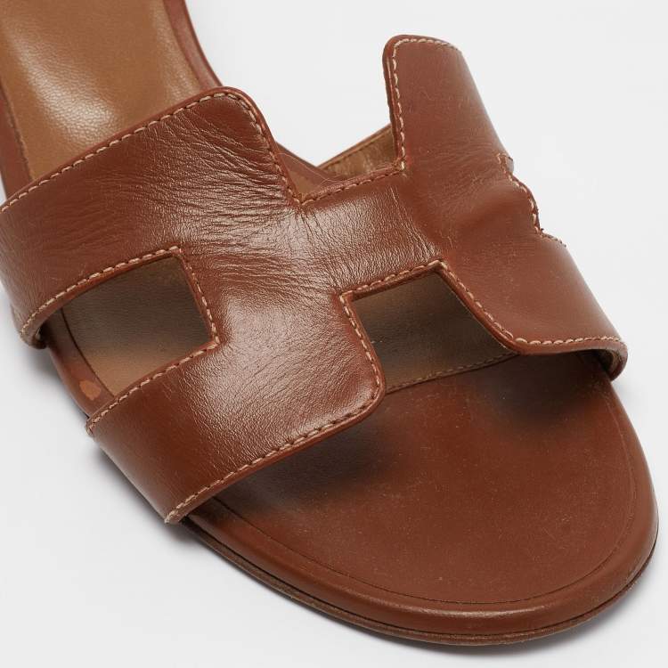 Pre Owned Hermes Brown Leather Oasis Slide Sandals Size 38.5