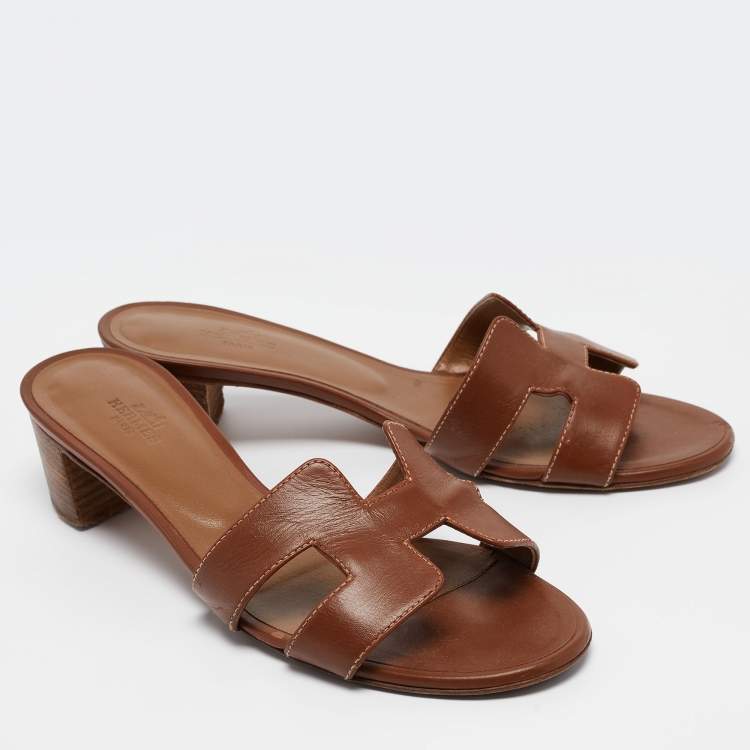 Pre Owned Hermes Brown Leather Oasis Slide Sandals Size 38.5