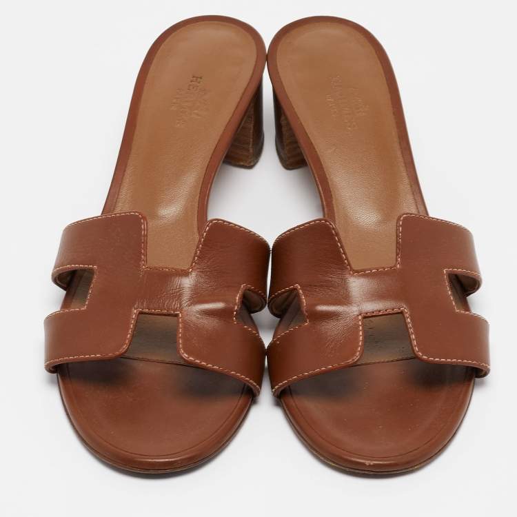 Pre Owned Hermes Brown Leather Oasis Slide Sandals Size 38.5