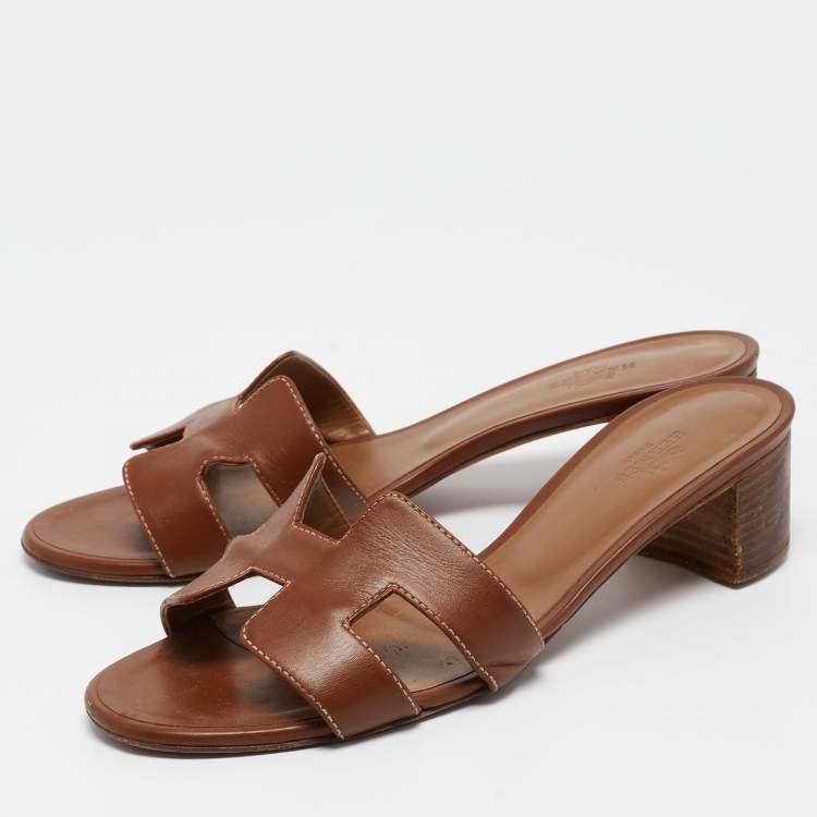 Pre Owned Hermes Brown Leather Oasis Slide Sandals Size 38.5