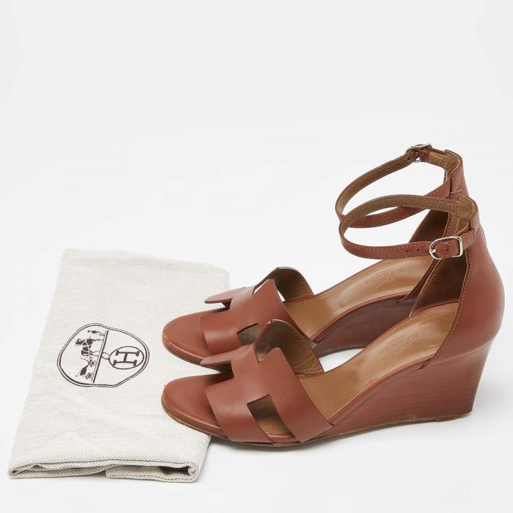 Pre Owned Hermes Brown Leather Legend Wedge Sandals Size 37