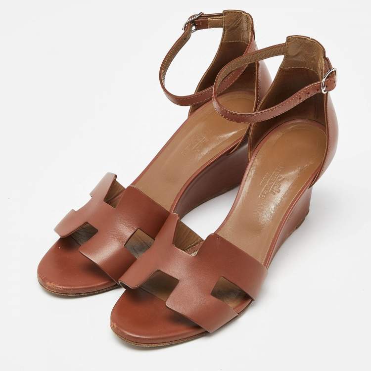 Pre Owned Hermes Brown Leather Legend Wedge Sandals Size 37