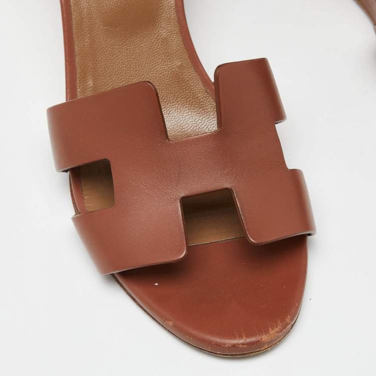 Pre Owned Hermes Brown Leather Legend Wedge Sandals Size 37