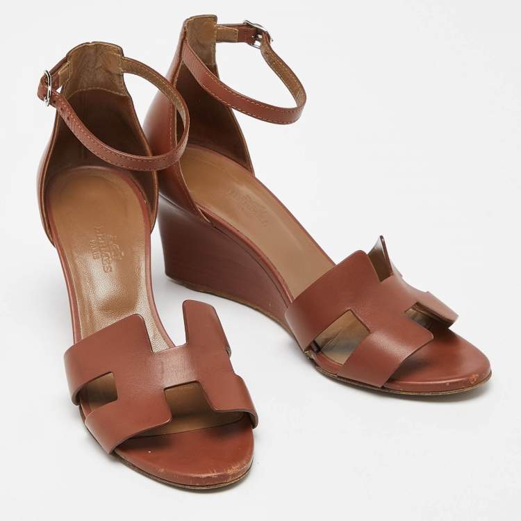 Pre Owned Hermes Brown Leather Legend Wedge Sandals Size 37