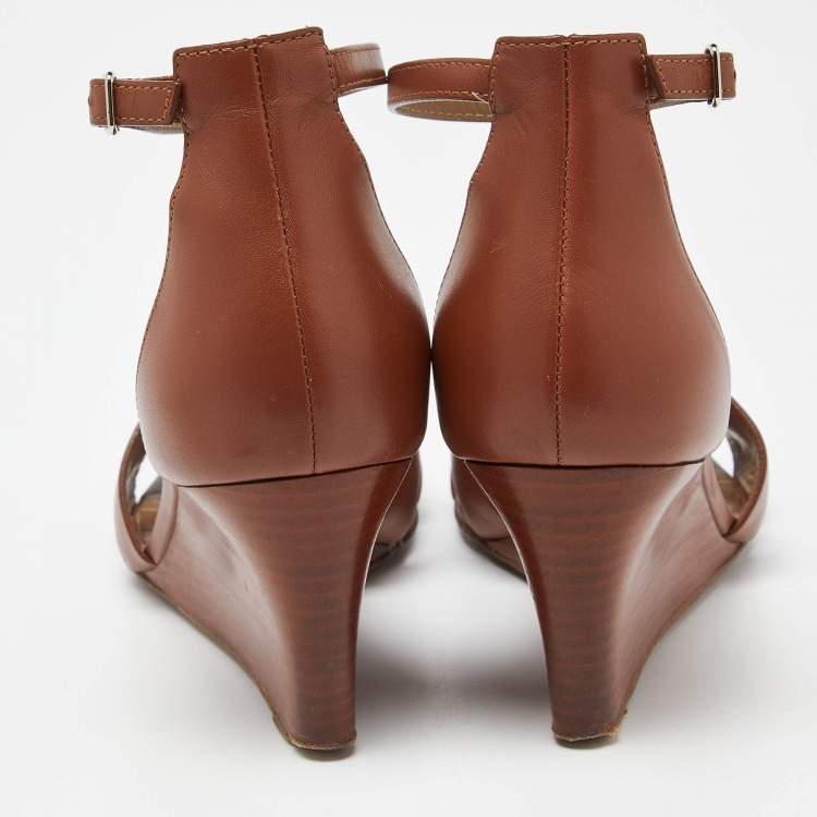 Pre Owned Hermes Brown Leather Legend Wedge Sandals Size 37