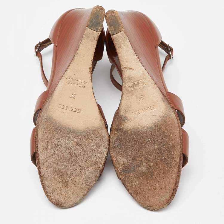 Pre Owned Hermes Brown Leather Legend Wedge Sandals Size 37