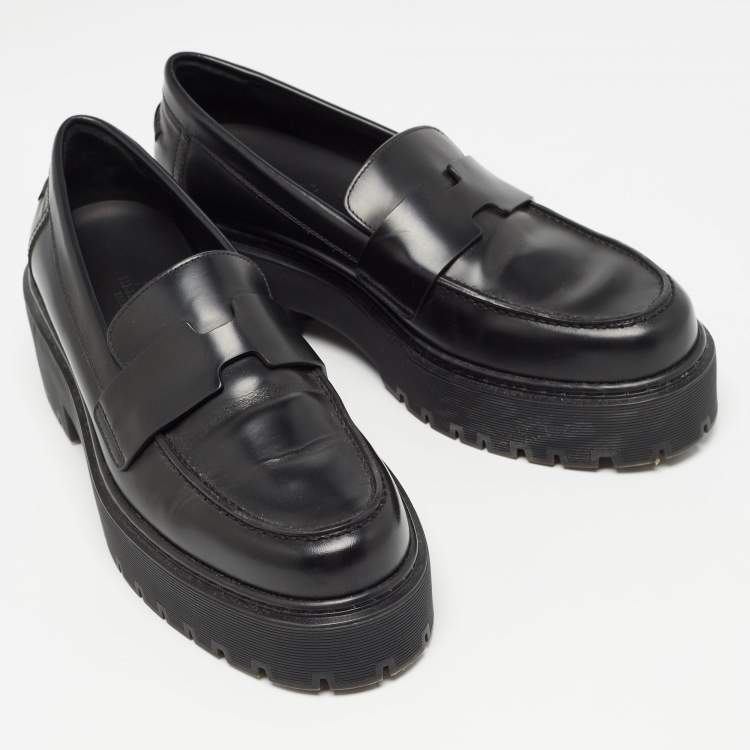 مملوكة مسبقًا Hermes Black Leather Hitch H Logo Loafers Size 37