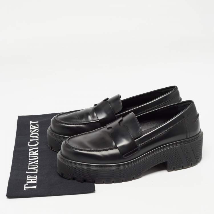 مملوكة مسبقًا Hermes Black Leather Hitch H Logo Loafers Size 37